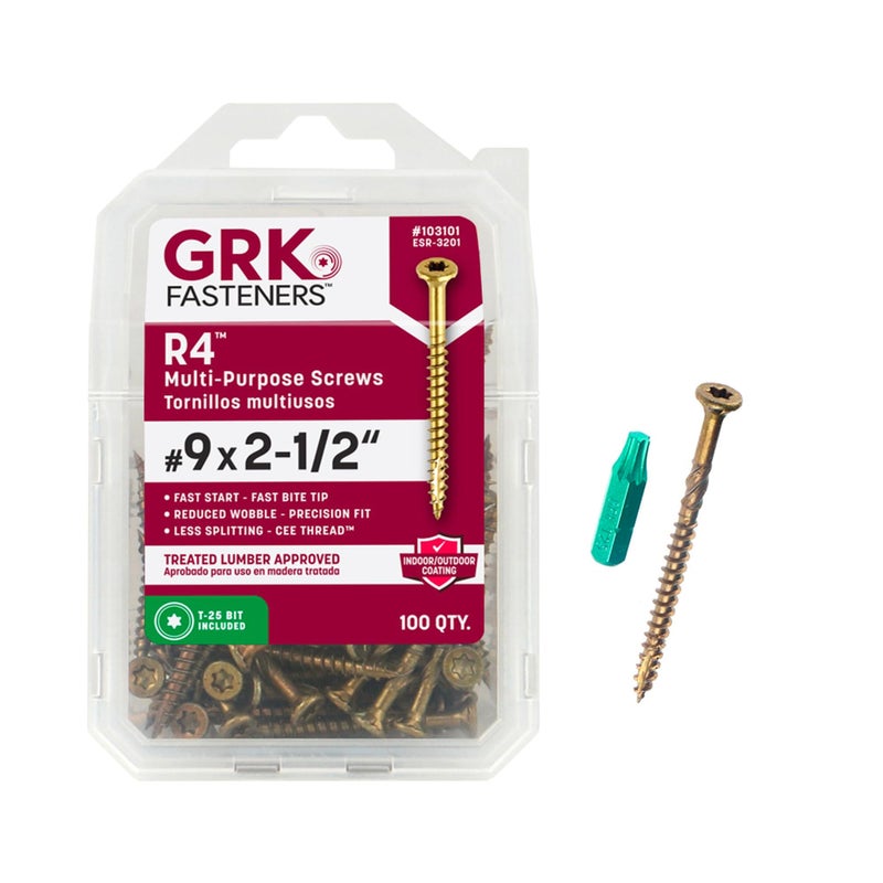 GRK Fasteners R4â„¢ #9 x 2-1/2 Inch, Multi-Purpose Framing Screws, 100 PCS, Rust Resistant Climatekâ„¢ Coating, Outdoor Deck Screws, Fast Bite Tip, Star Drive Recess, T-25 Bit Included, Gold - Image 1